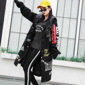 QNPQYX Graffiti Trench Coat Girl New Military Outwear Woman JACKETS Cartoon Print Female Winderbreaker Black Overcoat For Women Clothing