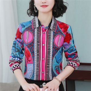 Vintage Elegant Printed Button Up Shirts for Women Long Sleeve Lapel Simple Fashion Designer Blouses 2023 Autumn Winter Silk Satin Shirt Office Ladies New in Tops