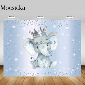 Materiale di fondo Mocsicka Baby Shower Fondale Ragazzo Blu Elefante Argento Corona Bambino Compleanno Sfondo Decor Photo Studio Puntelli per la fotografia YQ231003