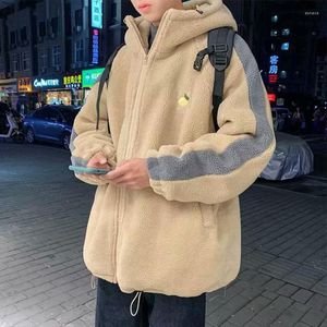 Jaquetas masculinas com capuz jaqueta de pelúcia homens oversize retalhos cashmere casaco masculino manga longa roupas coreanas agradável primavera inverno para adolescente