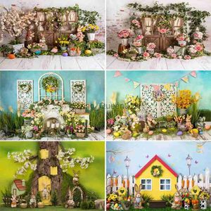 Background Material Easter Photography Backgrounds Wooden Board Wall Spring Green Grass Flowers Easter Eggs Children Portrait Photo Backdrops Props YQ231003