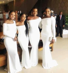 White Mermaid Evening Dresses African Girls Wedding Bridesmaid Party Gowns Formal Long Sleeves Satin Elegant Plus Size Special Occasion Dress Simple