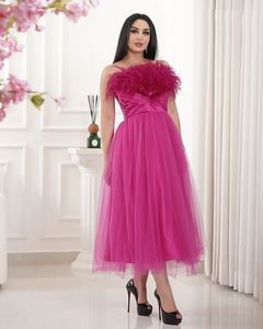 2023 Oct Aso Ebi Arabic A-line Fuchsia Mother Of Bride Dresses Feather Tulle Evening Prom Formal Party Birthday Celebrity Mother Of Groom Gowns Dress ZJ349
