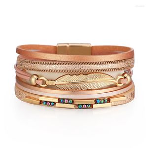 Bangle Bonito Folha Forma Pulseiras De Couro Mulheres Moda Tubo Longo Metal Charme Cadeia Envoltório Pulseira Feminina Jóias