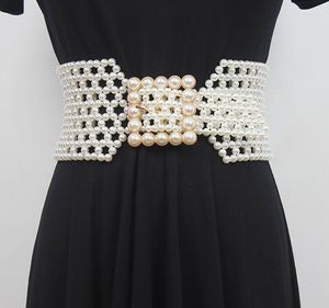 Belts Women's Runway Fashion Pearl Knitted Elastic Cummerbunds Female Dress Corsets Waistband Decoration Wide Belt R1165