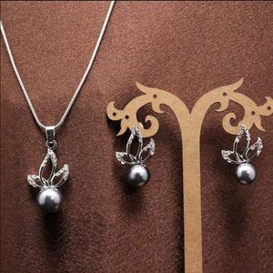 Fashion New Women's 18k Platinum Plated Grey Colors Pearl Austrian Crystal Necklace Earrings Jewelry Sets W208E