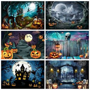 Bakgrundsmaterial Happy Halloween Backdrop för fotografering Orange Moon Pumpkin Lantern Castle Cemetery Födelsedagsfest Bakgrund för vuxna barn YQ231003