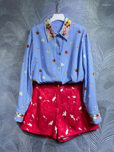 Fatos femininos vermelho roosarosee moda contas colar listras azuis imprimir manga longa blusa shorts ternos 2023 outono inverno mulheres twinset