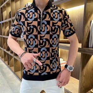 Men's T Shirts 2024 Summer Print Shirt Men Zip Stand Collar Short Sleeve Casual T-Shirt Slim Ice Silk Hollow Streetwear Tee Tops Clothing