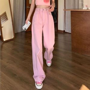 Frauen Jeans OCQBI Rosa Hohe Taille Für Frauen Einstellbare Taille Frau 2023 Sommer Streetwear Breite Bein Hosen Casual Mom