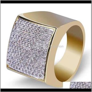 Cluster Drop Delivery 2021 Iced Out Rings for Men Luxury Designer Mens Bling Diamond Square Ring Copper Zircon 18K Gold Plated Wed2439