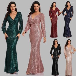 Casual Dresses Women V Neck Sequined Mermaid Prom Evening Gowns Formal Bridesmaid Dress Rose Gold Split Sleeve Long Wedding Guest Vestidos