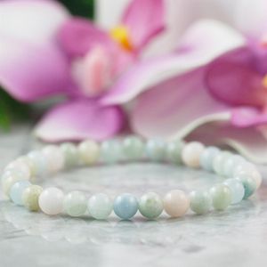 MG0941 6 mm Natural Morganite Pulseira Meninas Coração Chakra Amor Sorte Pulseira Cura Gemstome Dainty Yoga Mala Bracelet289M