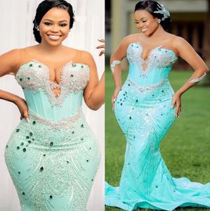 Vestidos de noite cetim baile de formatura vestido formal plus size sereia manga longa frisado zíper rendas até novo cristal personalizado o-pescoço ilusão lantejoulas