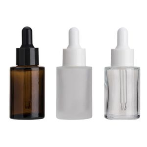 Partihandel 30 ml glasflaska platt axel frostad/transparent/bärnsten runda eteriska oljeserumflaskor med glas dropper kosmetiska resor flaskor