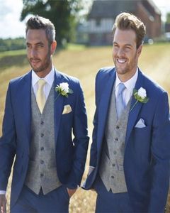Herenpakken 3 stuks blauwe jas grijs vest broek voor man bruiloft op maat gemaakte feestkleding mannelijke sets blazer