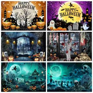 Bakgrundsmaterial Halloween Backdrop Horror Moon Night Scary Cemetery Pumpkin Lantern Castle Foto Bakgrund Födelsedagsfest Fotografering Props YQ231004