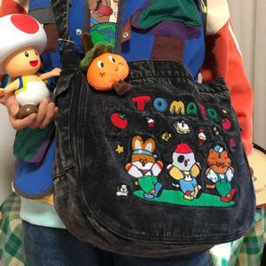 TOTES MBTI Vintage Cartoon Denim Tote Çantalar Kadınlar İçin Lüks Tasarımcı Kawaii Nakış Omuz Çantası Büyük Kapasite Çantası Yeni 240407