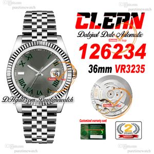 Clean Factory CF 126234 VR3235 Orologio automatico unisex Orologi da donna da uomo 36 mm Quadrante grigio verde romano Bracciale Jubileesteel 904L Versione super Puretimewatch 0045