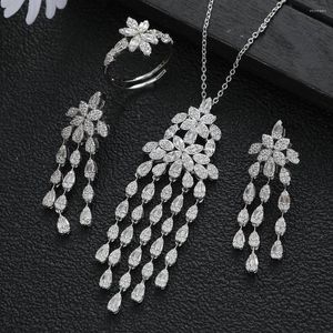 Necklace Earrings Set Luxury Waterdrop Tassel Leaves Cubic Zircon Engagement Dubai Naija Bridal Finger Rings Earring Jewelry S466