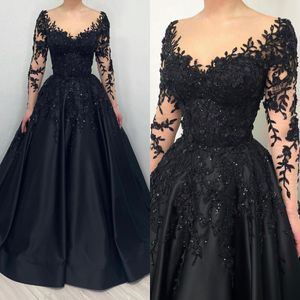 Elegant Black A Line Evening Dresses Sequins Lace Appliques Formal Party Prom Dress Illusion Long Sleeves Dresses for special occasion