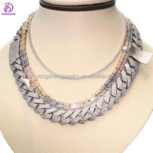 Gorąca wyprzedaż 925 Srebrny srebrny 14 mm 15 mm Bling Masowe naszyjniki biżuterii lód na zewnątrz VVS Moissanite Miami Cuban Link łańcuch