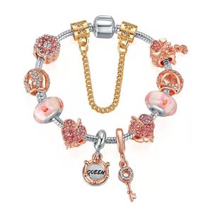 16-21 cm Rose Gold Charms Bracelets Różowy kwiat urok koraliki królowa wisiorek Fit Walentynkowe biżuterię