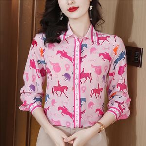 2023 Fashion Designer Graphic Shirt for Women Long Sleeve Lapel Classic Button Up Shirts Plus Size Office Ladies Fine Elegant Silk Satin Blouses Casual New in Tops