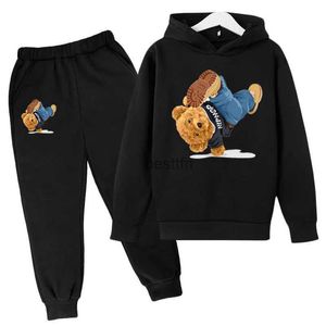 Moletons masculinos com capuz conjunto de moletom com capuz de algodão calças 2 peças conjuntos primavera / outono roupas infantis dança de rua desenho animado urso estampa meninos meninas topsL231003