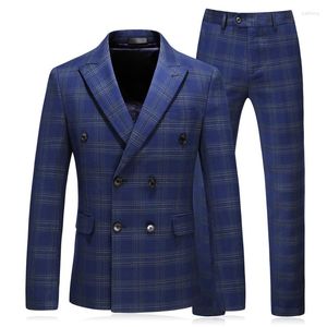 Men's Suits Men Plaid Double Breasted Wedding Nice Tuxedo Groom Formal Blazers Jacket 3 Pieces Set Plus Size 5XL Male Prom Pants Vest