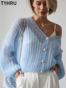 Malhas femininas camisetas TYHRU blusas de crochê femininas suéteres de malha leve transparente fino suéter solto cardigan 230928