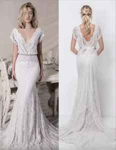 Boho Lace Sheath Wedding Dresses Mermaid Lihi Hod Lace Bridal Gowns Sequined V Neck Bohemian Beach Bridal Dresses Low Back Vestidos de Novia