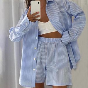 Women's Tracksuits Two-piece Shirt Shorts Set Women Loung Wear Tracksuit Stripe Long Sleeve Tops Loose High Mini Sets