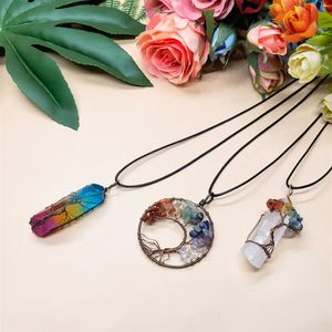 3 sztuki Tree Life Wiselant Quartz Crystal Naszyjnik Czakra szlachetny miedziany srebrny drut Wrap2920