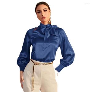 Женские блузки, женские рубашки Blusas, осень 2023, однотонные атласные топы с воротником-бабочкой и длинными рукавами, шифоновая блузка