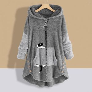 Damen-Kapuzenpullover, stilvoller Sweatshirt-Mantel, hautberührend, für Damen, Cartoon-Hundemuster, Street-Style, doppelseitig, Plüsch, lange Jacke, warm