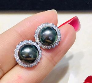 スタッドイヤリングHengsheng 9-10mm Tahiti自然海洋丸い女性のための黒い真珠925 Sterling Silve Fine Jewelry