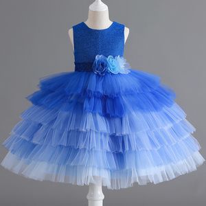 Blue Sheer Neck Lace Flower Crystals Little Girl Cheap Communion Pageant Dresses Gowns Princess Ball Gown Wedding Party Dress 403