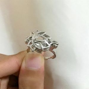 Lotus Shape Cage Ring kan öppna Håll Pearl Crystal Gem Bead Justerbar storlek Ring Montering273a