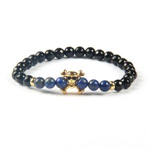 Mode piratskalle smycken hela 6mm naturlig fasetterad svart onyx och lapis lazuli sten pärlor nya svart ögon cz skalle armband2705