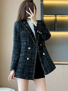 女性用ジャケットは、新しいファッション韓国のカジュアルツイード格子縞のジャケットをコート女性秋の冬の小さなフレグランススタイルウールエレガントなアウター2024
