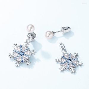 Orecchini pendenti Orecchino di spinello blu S925 Argento sterling placcato platino Zircone Conchiglia Perlina Gemma Fiocco di neve Regali per donne