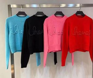 classic Women's Sweaters 2023ss diamond Letter Embroidery Handmade Beaded Pearl Inlaid Elegant Round Neck Loose Short Knitted jumpers Sweater