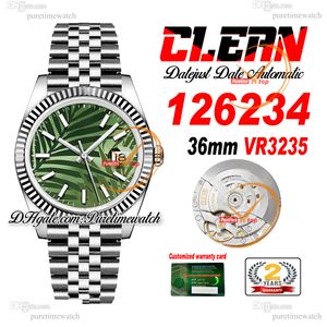 Clean Factory CF 126234 VR3235 Automatisk Unisex Watch Mens Ladies Watches 36 Green Palm Motif Stick Dial 904L Jubileesteel Armband Super Version Puretimewatch 47