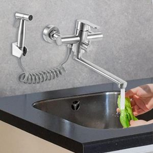 Kitchen Faucets Wall Mount Faucet 360 Swivel Stainless 2Hole Sink Tap With Spray Gun