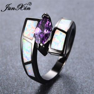 JUNXIN Boho Female Male White Blue Fire Opal Rings For Women Black Gold Filled Pink Purple Zircon Marquise Ring Wedding Jewelry2261