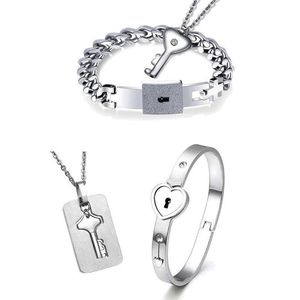 Charm Armband Titanium Puzzle Par Heart Lock Key Armband Halsband Lover Jewelry Set260b