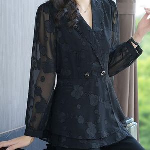 Women's Blouses Casual Blouse Women 2023 Spring Slim Turn Don Collar With Advanced Fashion Lace Long Sleeve Shirt For