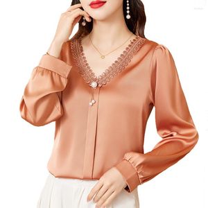 Frauen Blusen M-4XL Koreanische Mode Frauen Satin Hemd 2023 Herbst Langarm Pullover Bluse Patchwork Spitze Tops
