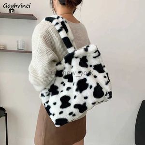 Totes Cow Print Soft Plush Faux Fur Bags Women Sweet Casual Totes Underarm Shoulder Tender Students Fashion Handbag Large Capacity Ins 240407